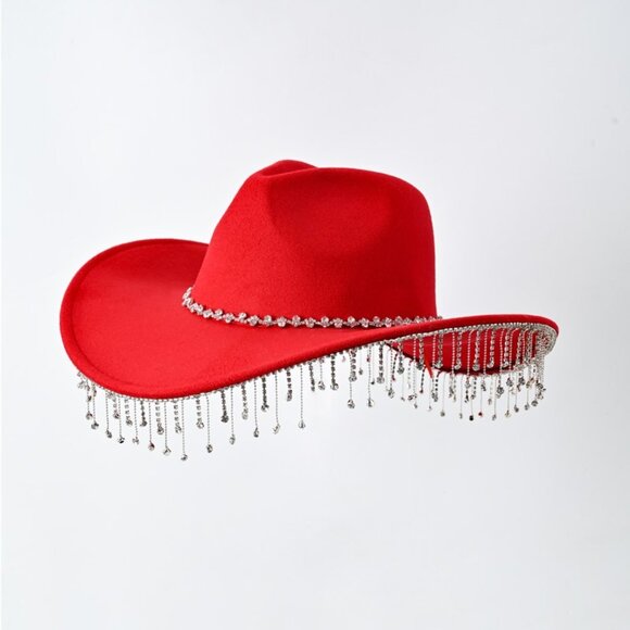 odiva Accessories - Red Cowboy Cowgirl Bling Bling Hat Felt Rhinestones Dangling Vintage Style NWT